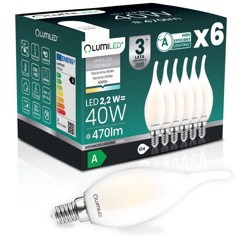 Żarówka LED Lumiled E14 Świeczka BA35 2.2W 470lm 4000K Neutralna biel 360st Filament Klasa A 6 szt.