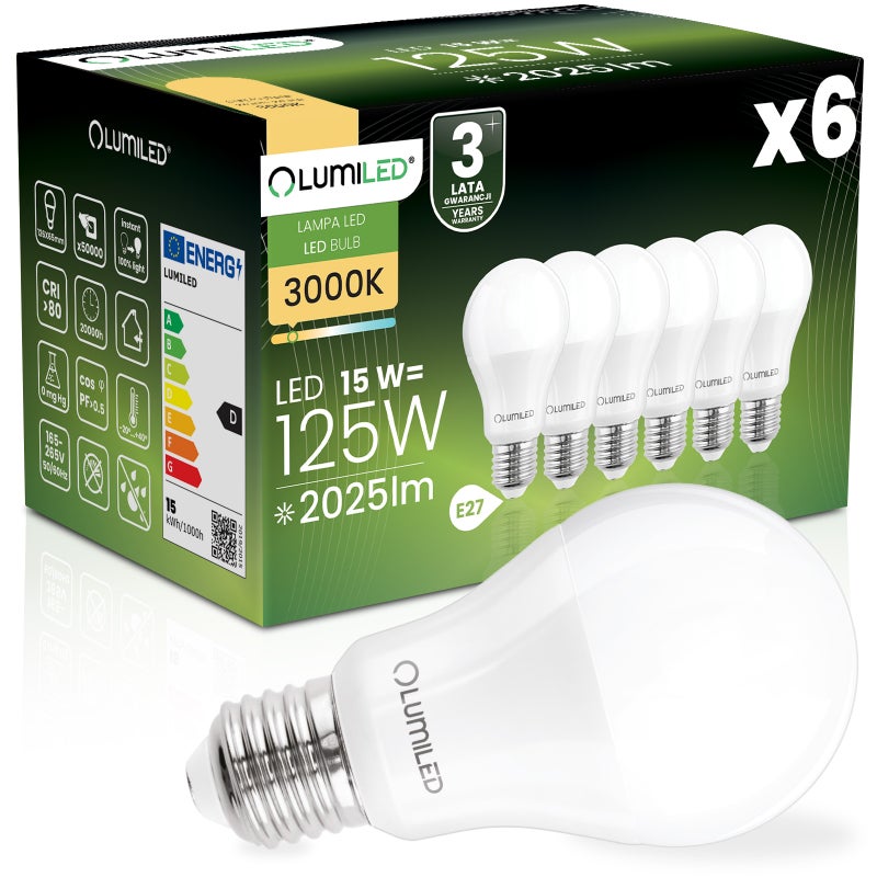 Żarówka LED LUMILED E27 A60 15W 1952lm 3000K Ciepła biel 260st 6 szt.