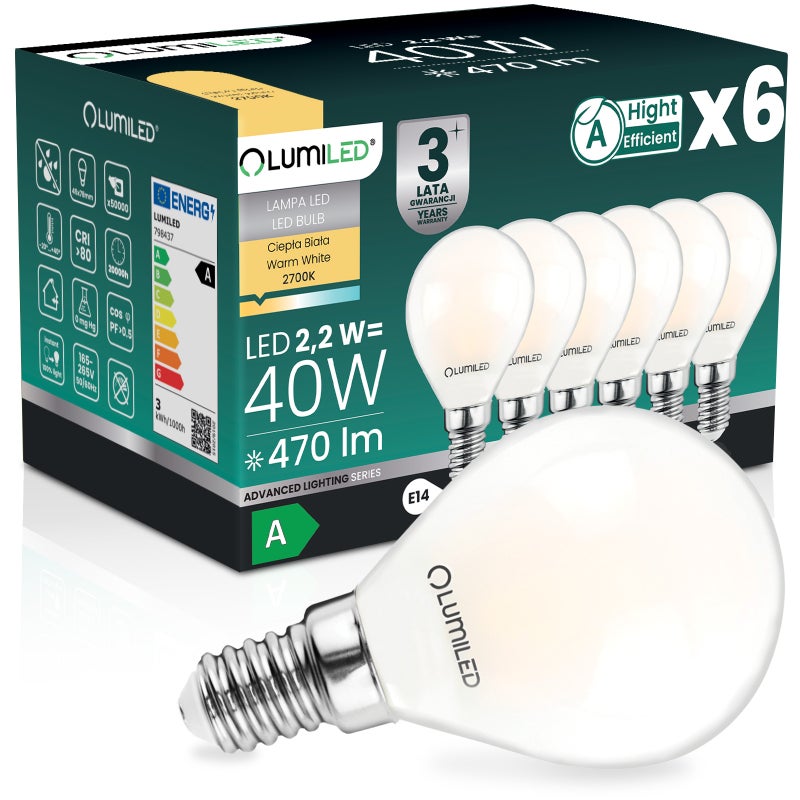 Żarówka LED Lumiled E14 Kulka P45 2.2W 470lm 2700K Ciepła biel 360st Filament KLASA A 6 szt.