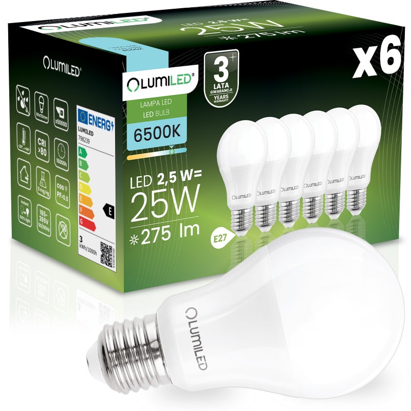 Żarówka LED Lumiled E27 A60 2.5W 275lm 6500K Zimna biel 260st 6 szt.