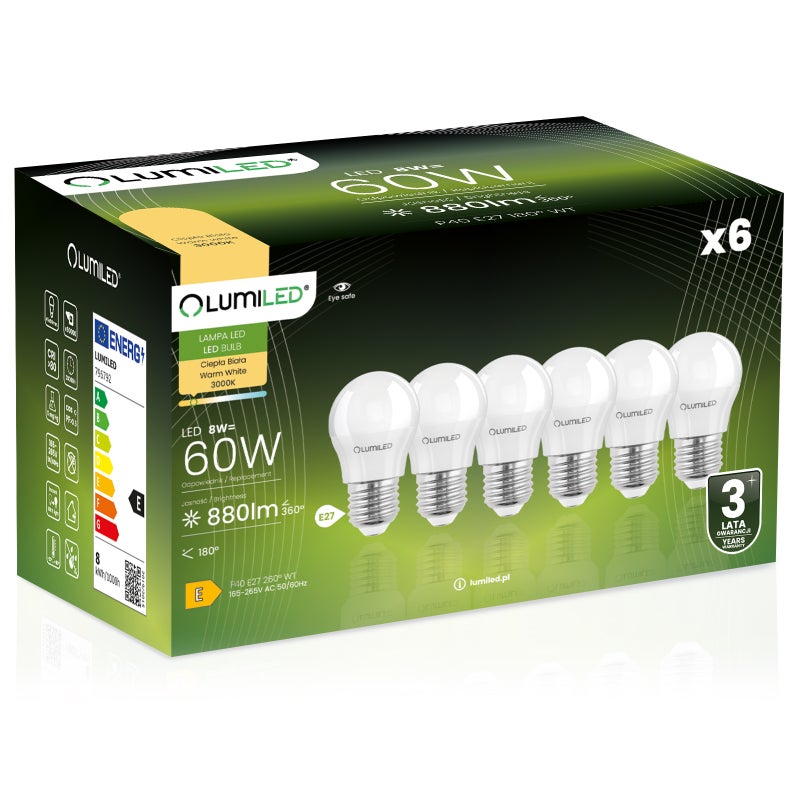 Żarówka LED Lumiled E27 Kulka P45 8W 880lm 3000K Ciepła biel 180st 6 szt.