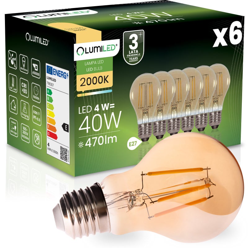 Żarówka LED Lumiled E27 A60 4W 470LM 2000K Ciepła biel 360st Filament Amber 6 szt.