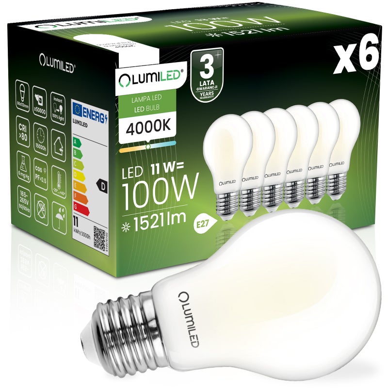 Żarówka LED Lumiled E27 A60 11W 1521lm 4000K Neutralna biel 360st Filament 6 szt.