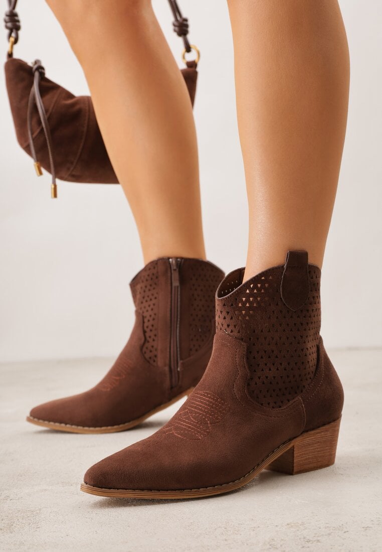 Brązowe Ażurowe Botki Vices w Stylu Kowbojek na Obcasie Norfedi