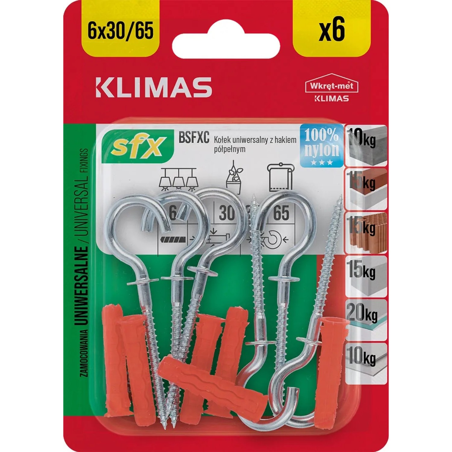 Wkręt-met Kołek SFX uniwersalny 6x30mm z hakiem zamkniętym 6szt