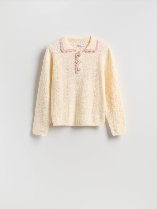 Reserved - Sweter z ozdobnym kołnierzem - kremowy