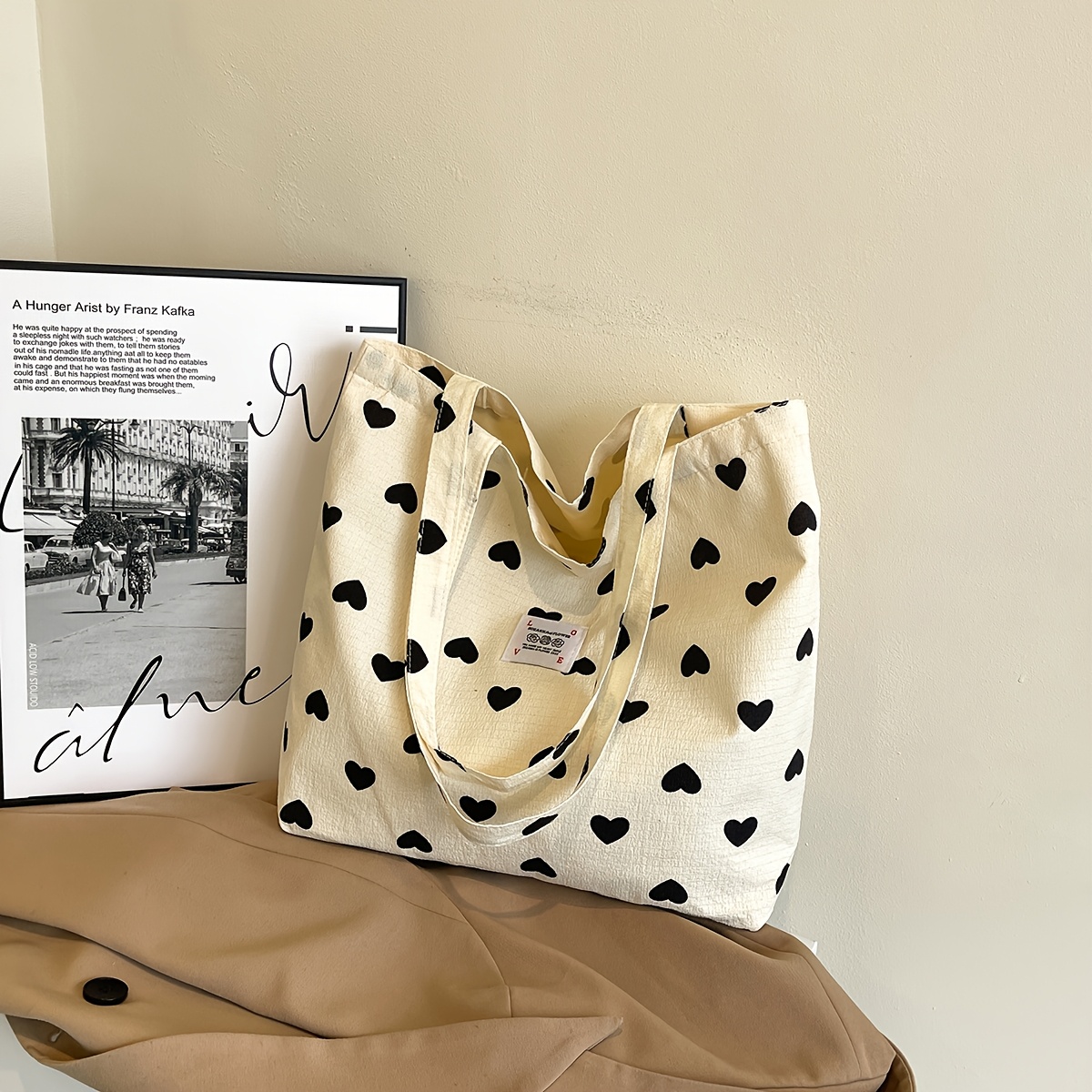 TEMU Damska Torba Tote o Dużej Pojemności - Letni Poranek Casual z Czarnym Wzorem , Otwarty Wierzch, Trwały Materiał do Dojazdów, Zakupów i