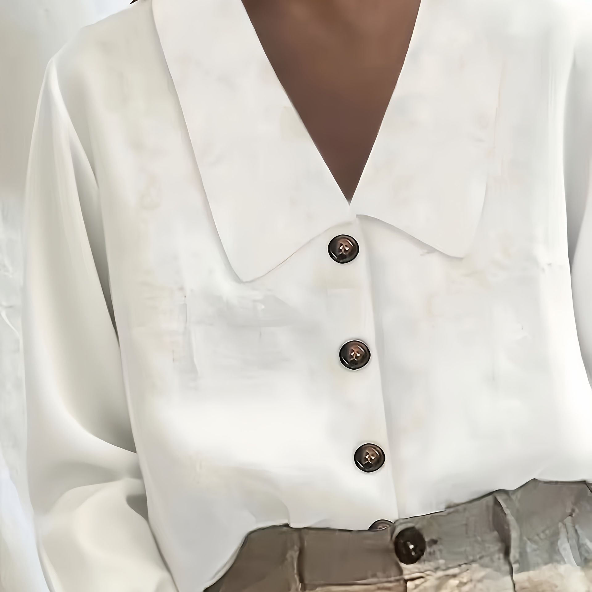 TEMU Elegancka bluzka damska z dekoltem w serek i długim rękawem - Klasyczna koszula zapinana na guziki, z zamknięciem na jeden , materiał