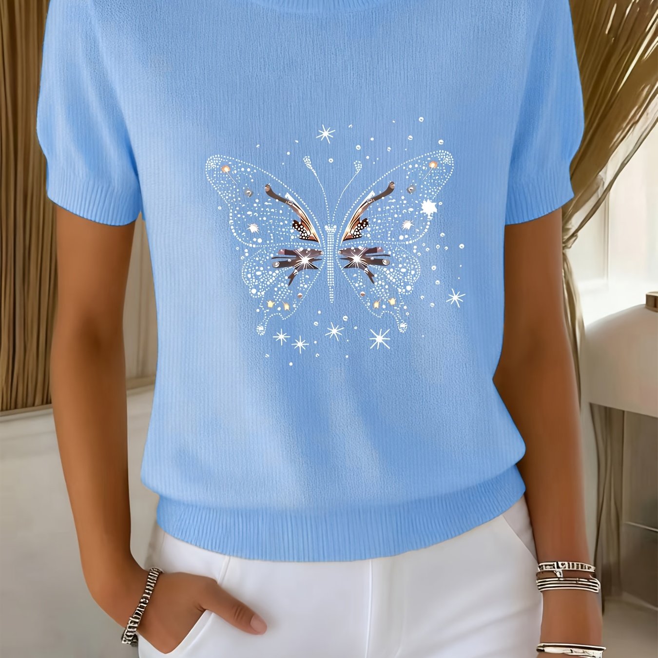 TEMU Damski modny sweter z krótkim rękawem i okrągłym dekoltem Haftowany wzór z cyrkoniami, idealny na wiosnę//jesień, doskonały do noszenia na co