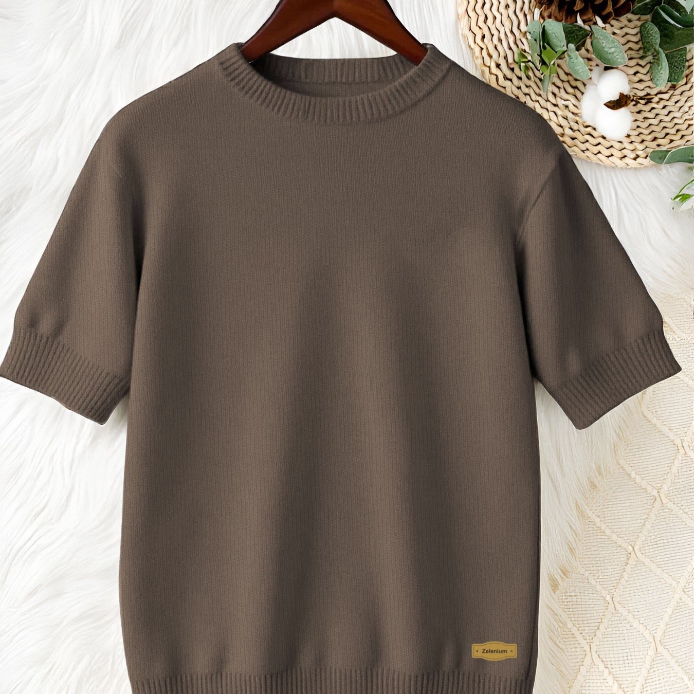 TEMU Damski sweter z krótkim rękawem, luźny okrągły dekolt Moda, teksturowany wzór, wytrzymała i wygodna miękka tkanina, modny styl na