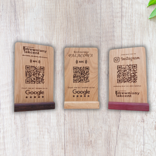 Personalizowany drewniany stojak, ekspozytor NFC, Oceń nas w Google, Instagram, facebook,