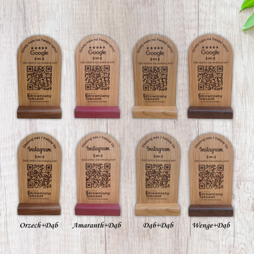 Personalizowany drewniany stojak, ekspozytor NFC, Oceń nas w Google, Instagram, facebook