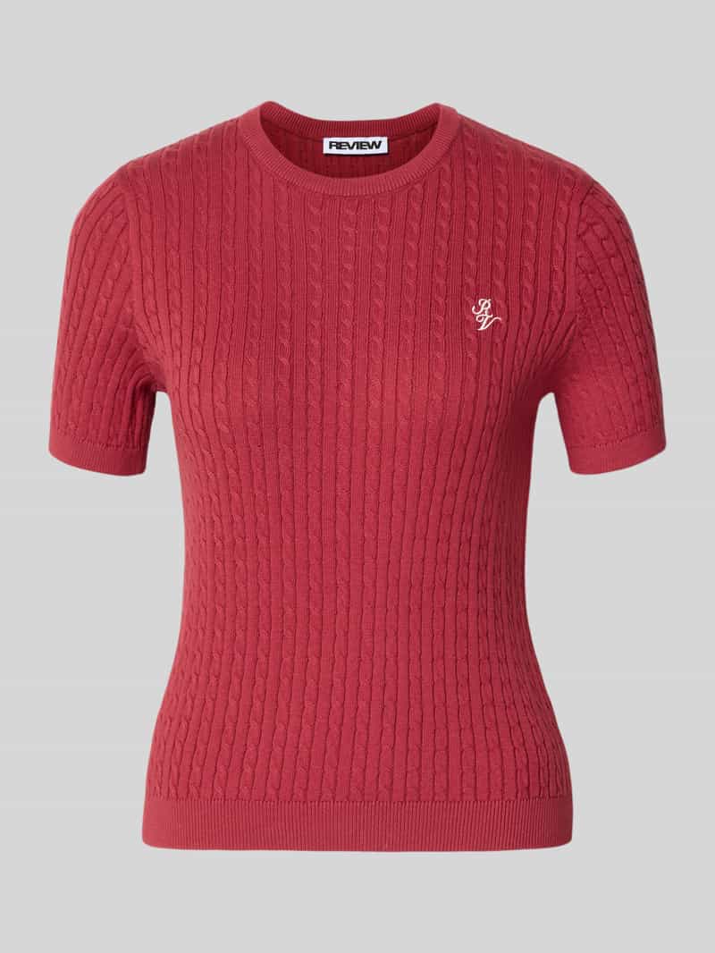 Sweter z krótkim rękawem, ściegiem warkoczowym i okrągłym dekoltem