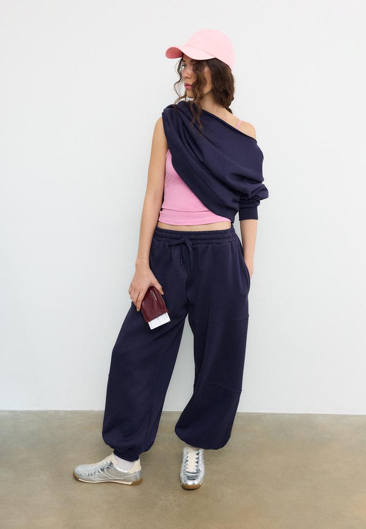 Stradivarius Spodnie jogger balloon z dzianiny dresowej Ciemnomorski L