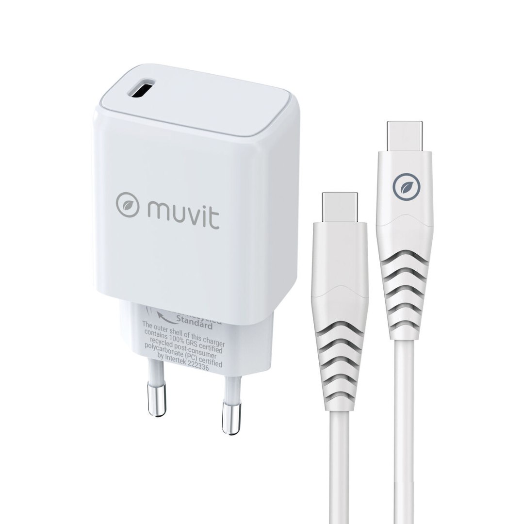 Ładowarka ścienna + kabel-USB-C Muvit for Change Biały