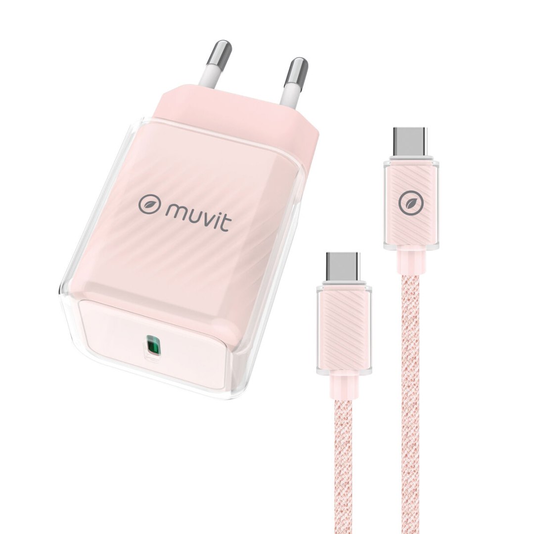 Ładowarka ścienna + kabel-USB-C Muvit for Change Glass GaN Różowy
