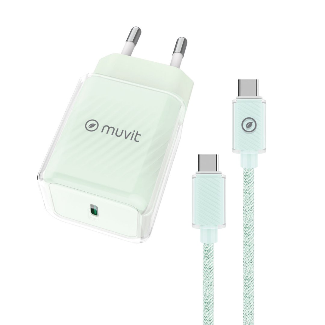 Ładowarka ścienna + kabel-USB-C Muvit for Change Glass GaN Kolor Zielony