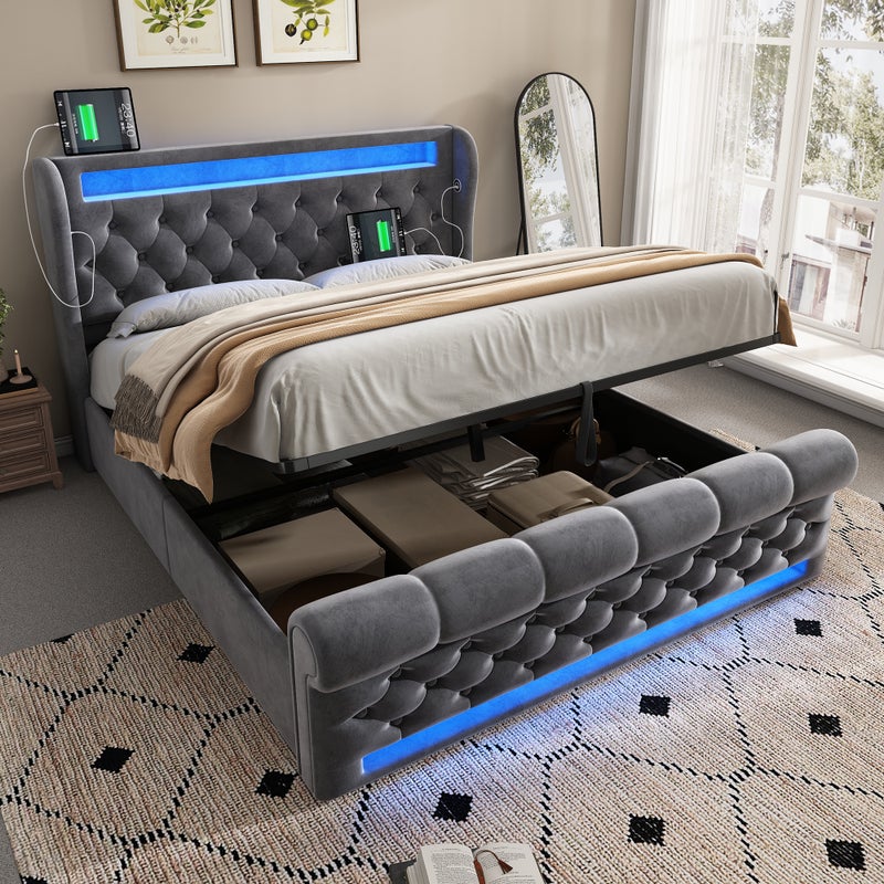 Łóżko tapicerowane dwuosobowe 160x200cm, zagłówek ze schowkiem, łóżko hydrauliczne ze schowkiem, szare, welurowe (bez materaca)