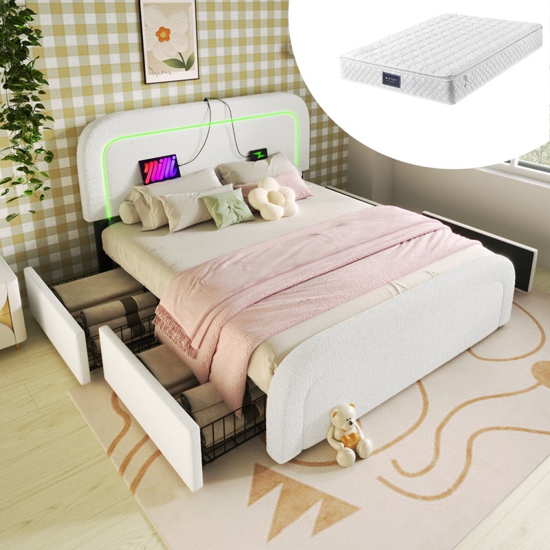 Łóżko dla dorosłych 160 x 200 cm z 2 szufladami i regulowanym zagłówkiem - USB + Typ C - tkanina Sherpa - białe + materac