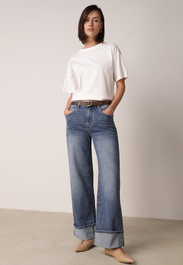 Niebieskie Szerokie Jeansy z Wysokim Stanem i Podwiniętymi Nogawkami Jilora