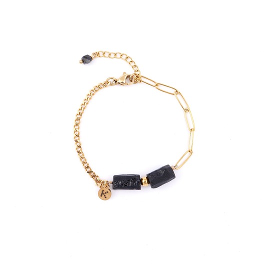 Bestseller! Bransoletka z surową bryłą czarnego Turmalinu Pozłacana stal