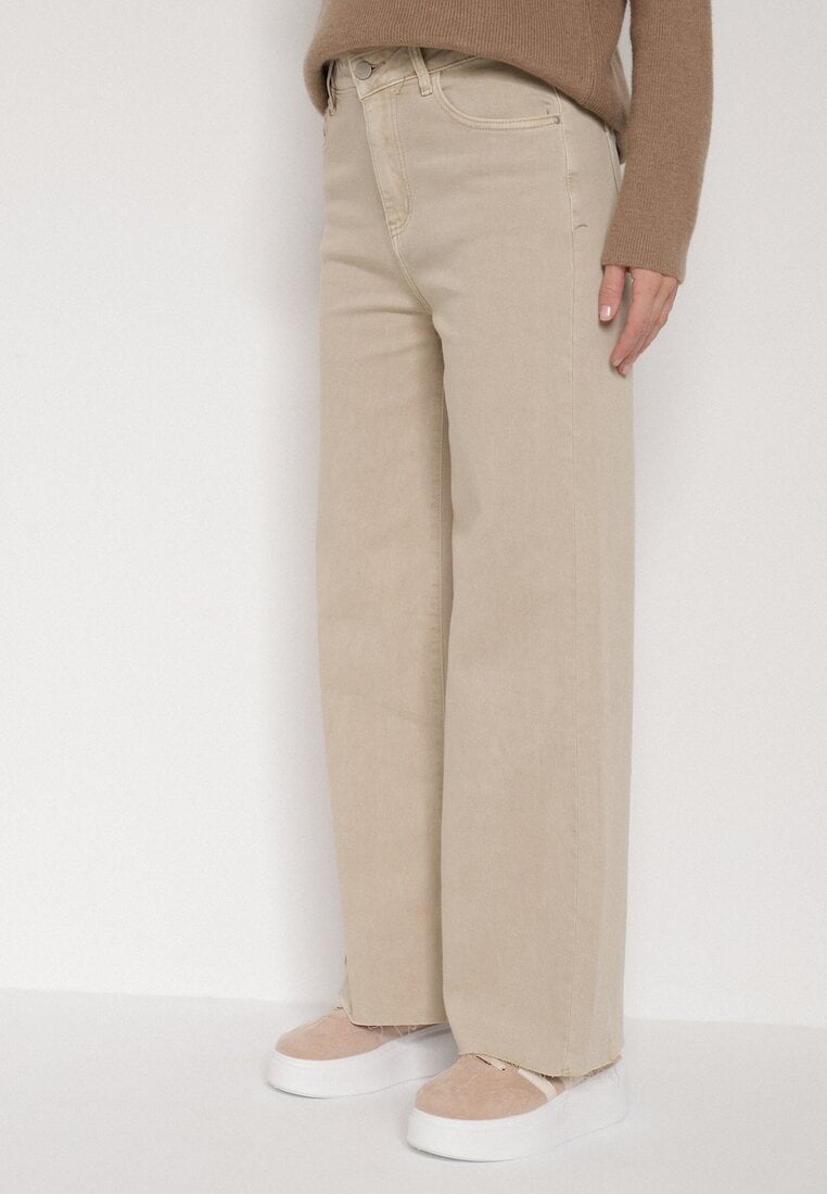 Beżowe Jeansy o Szerokim Kroju z Wysokim Stanem Xilnee