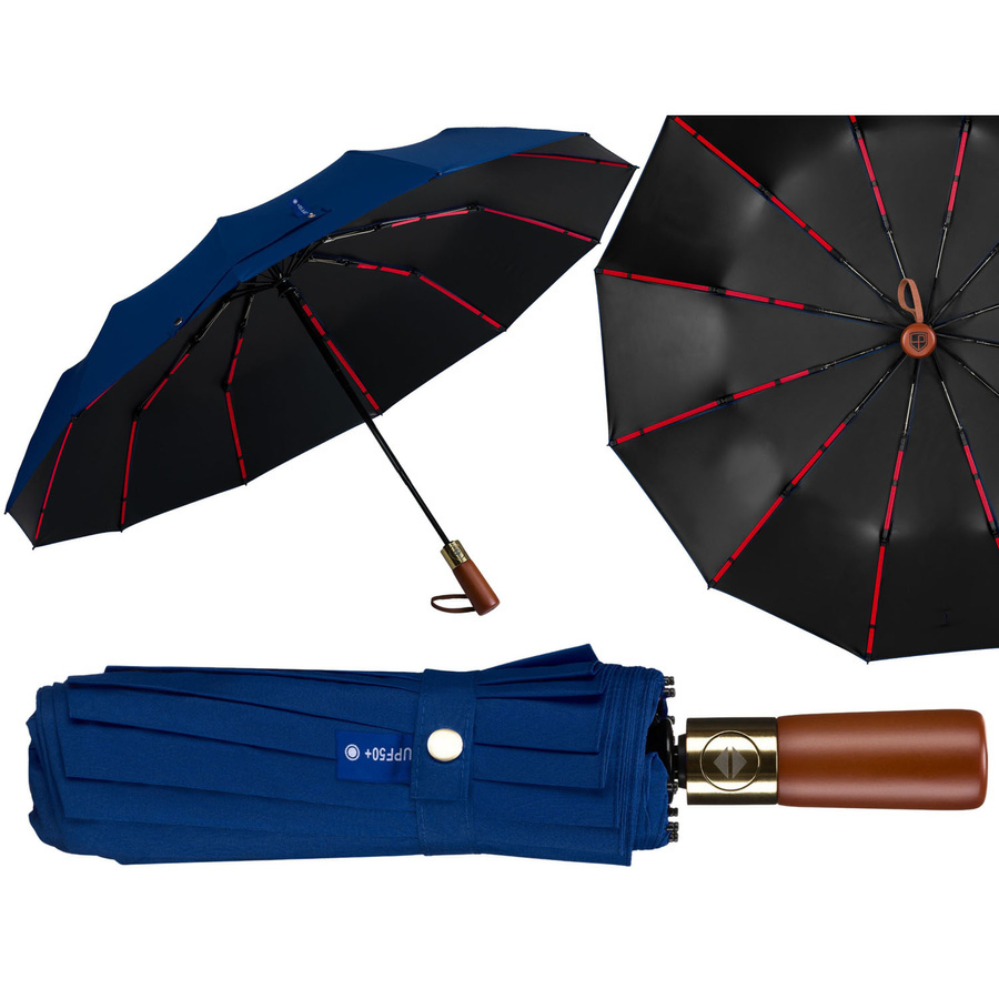 Niebieski, duży, elegancki i składany parasol w pokrowcu - Peterson