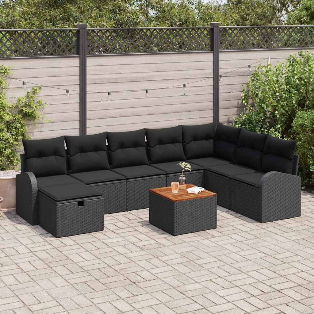 VidaXL Zestaw Sof na Ogród z poduszką 9 pcs Czarny Polirattan