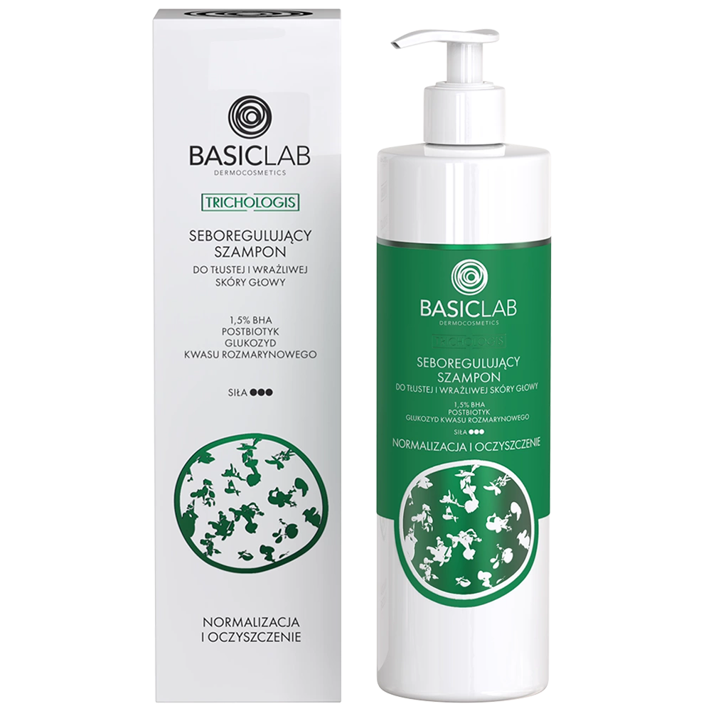BasicLab Trichologis, seboregulujący szampon do tłustej i wrażliwej skóry głowy, 300 ml