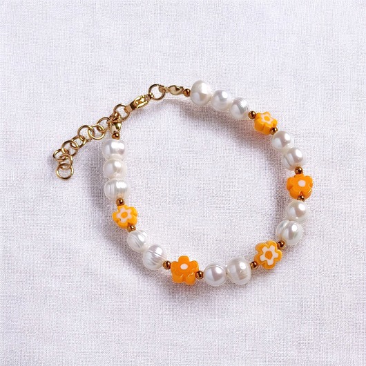 Bransoletka : DAISY : perły naturalne i szklane kwiatuszki