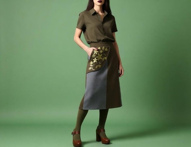 Spódnica midi wełniana z łączonych tkanin, haftowana kieszeń zewnętrzna