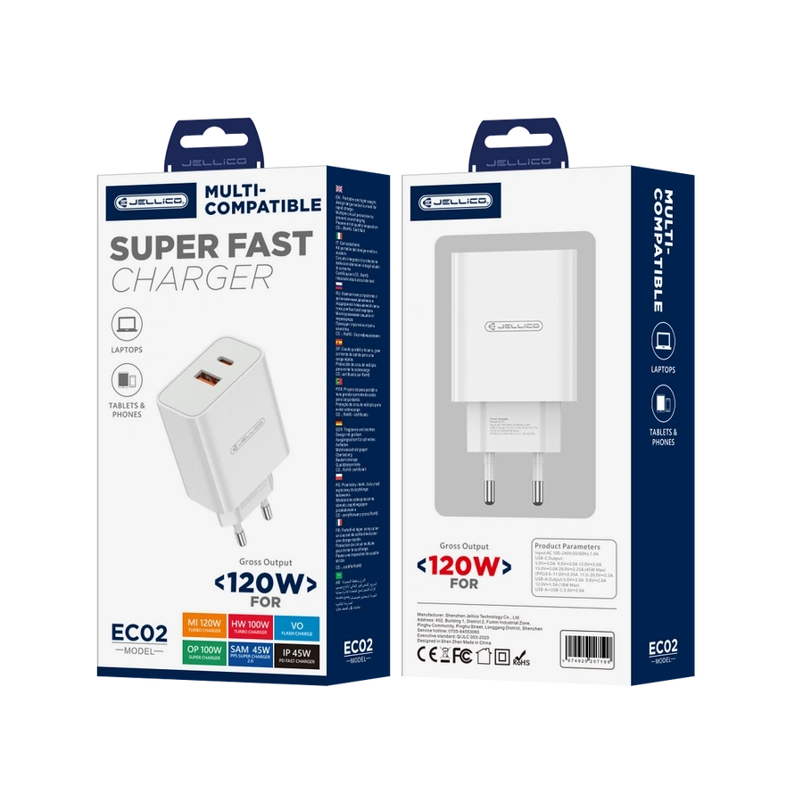 JELLICO ładowarka sieciowa multi-kompatybilna EC02 PD 120W 1xUSB-C + 1xUSB QC3.0 Biały