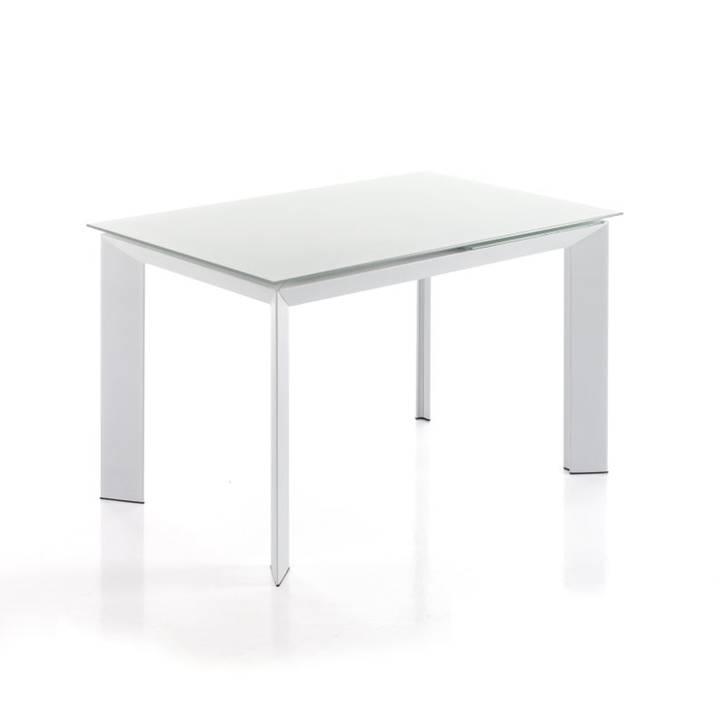 Stół rozkładany BLADE 120 WHITE - biały szklany blat, nogi metalowe, 120-170 cm, idealny do jadalni