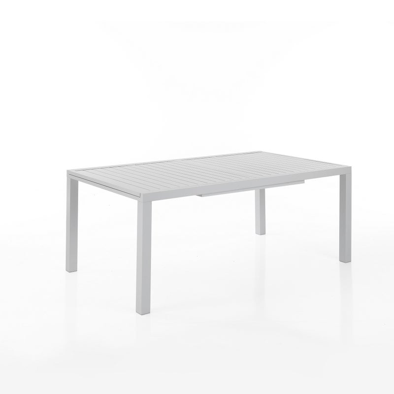 Stół rozkładany NYDRI WHITE – B – matowe białe aluminium, blat z listew aluminiowych, wys. 75 szer. 177/gł. 266, do stosowania na zewnątrz