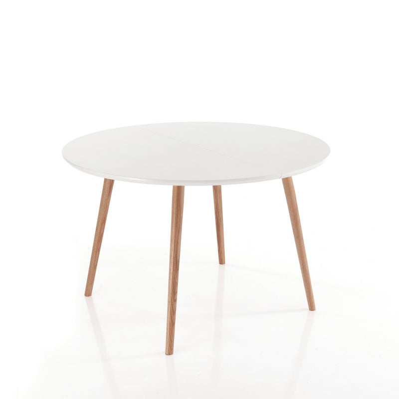 Stół rozkładany okrągły EGO WOOD - blat z białej płyty MDF, nogi metalowe dębowe, Ø120/220 cm, stół jadalny