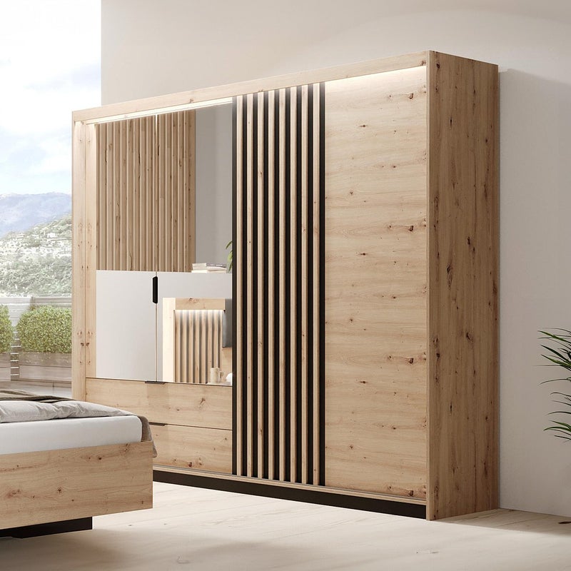 Szafa 3-drzwiowa z 2 szufladami - Lustro i oświetlenie LED - szer. 220 cm - Naturalny i czarny - ARIADA