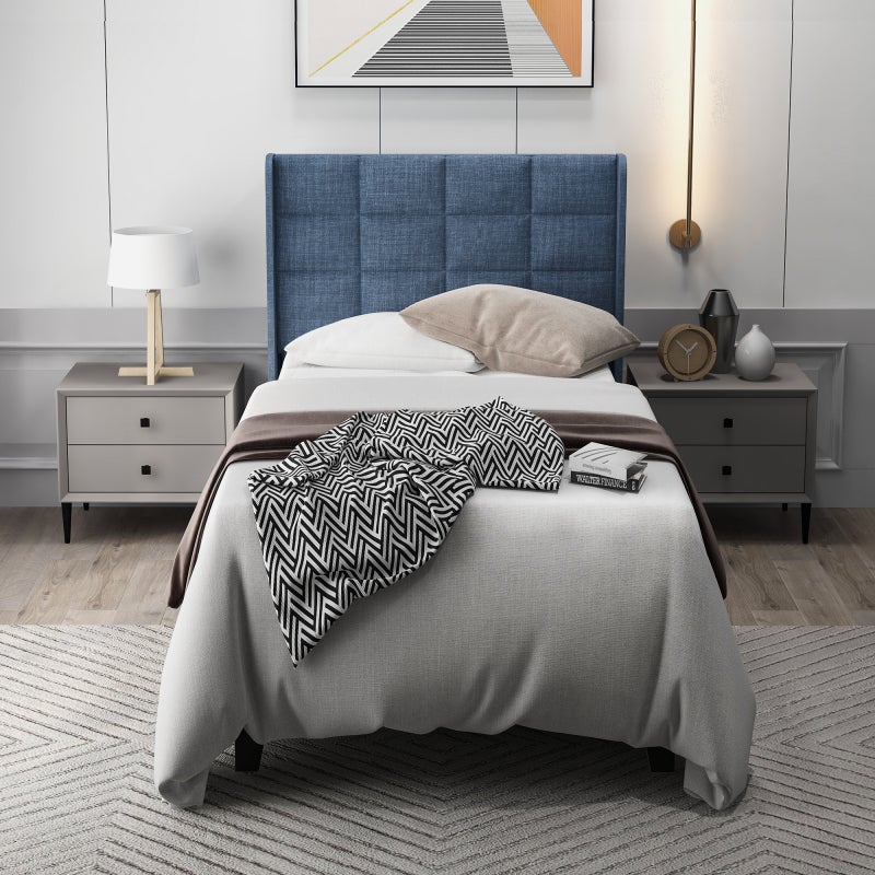 Nowoczesne łóżko tapicerowane z tapicerowanym zagłówkiem Łóżko pojedyncze z listwową podstawą - Linen Blue 90X200cm (bez materaca)