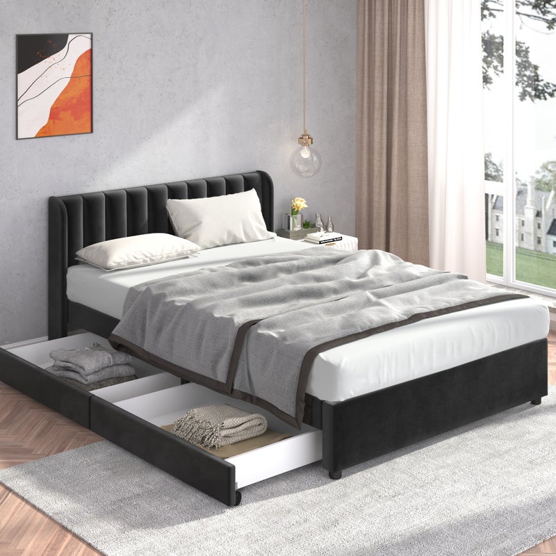 Podwójne łóżko z poduszką 160 x 200 cm - aksamitna rama łóżka z 2 szufladami - listwowa podstawa i oparcie - czarny