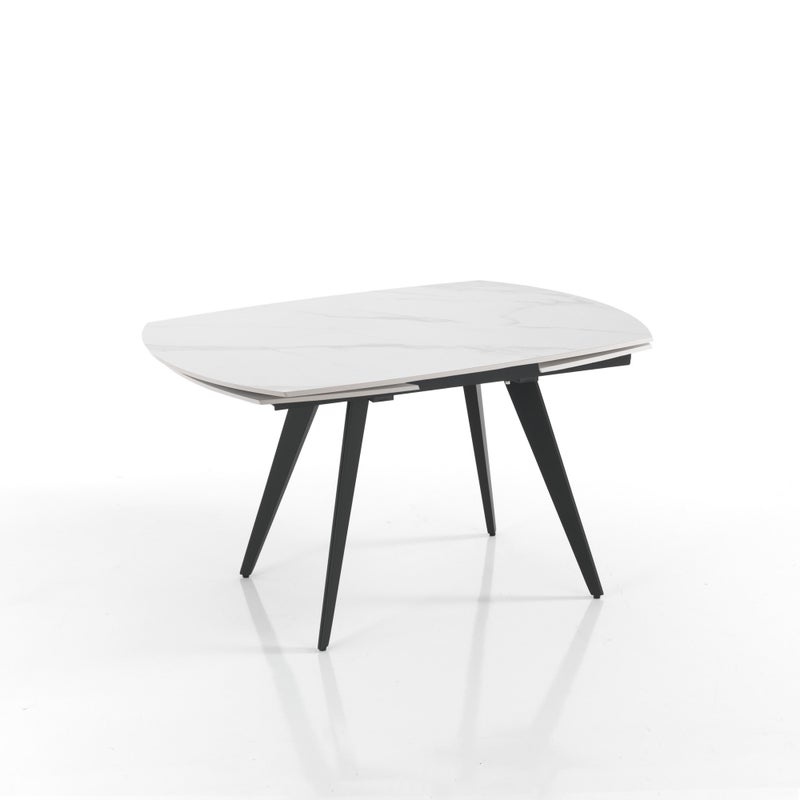 Stół rozkładany LUKA 1 – stal matowa czarna, ceramika z białego marmuru, wys. 75 cm, szer. 140/200 cm, 6/8 miejsc, mechanizm obrotowy, do jadalni