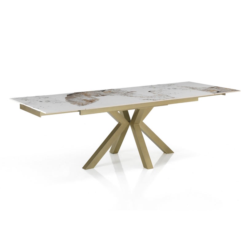 Stół TYCHI ONICE GOLD – złoty metal, ceramika Onyx Marble, rozkładany do 240 cm