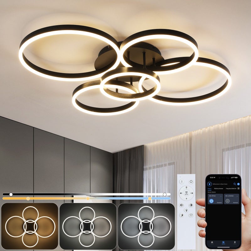 NETTLIFE Lampa sufitowa LED do salonu, ściemnialna, 78 W, 3000-6500 K, 5 pierścieni, nowoczesny złoty akryl, z pilotem