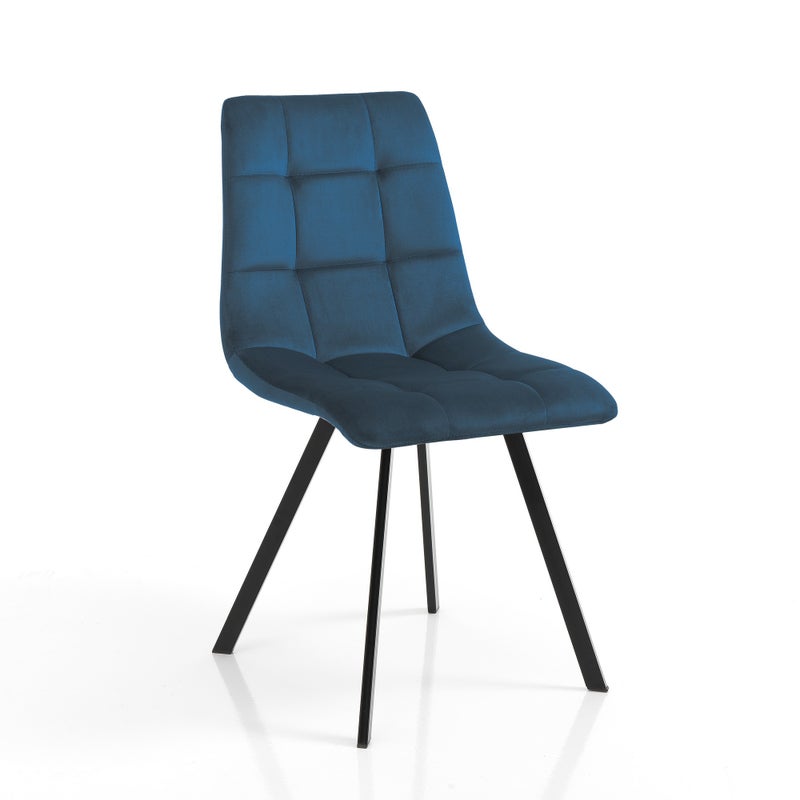 Zestaw 4 krzeseł TOFFEE Blue z niebieskiego aksamitu z mikrofibry, matowa czarna metalowa rama, eleganckie i wygodne do każdego pomieszczenia