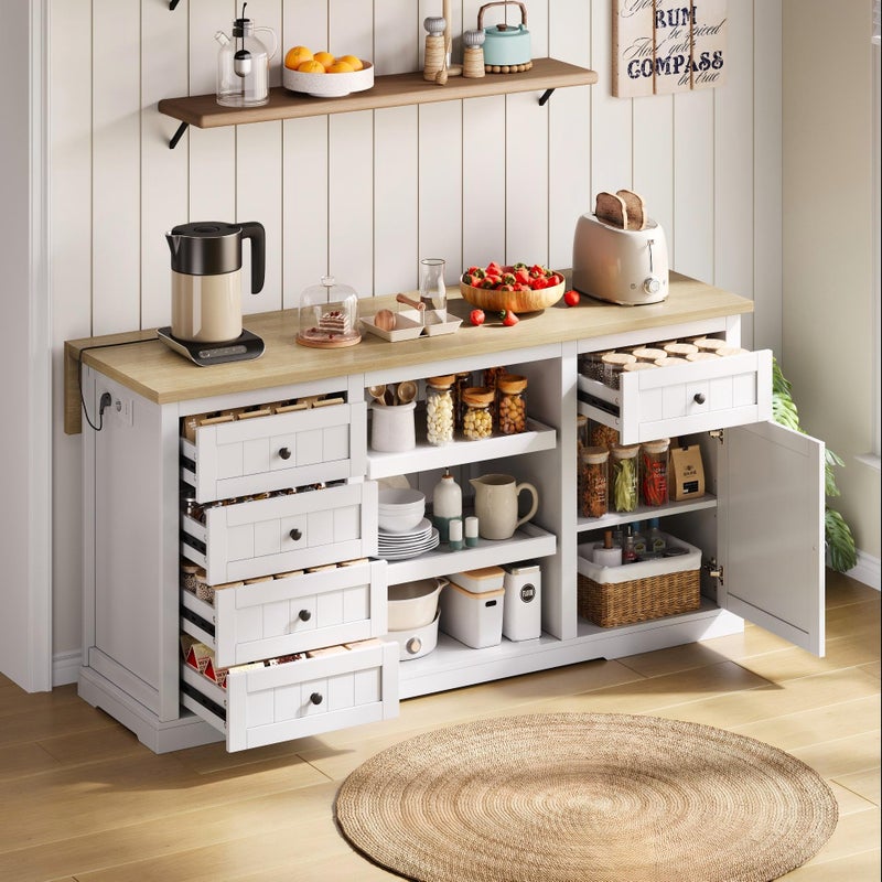Kredens kuchenny z 5 szufladami, 1 drzwiami i 2 półkami - Gniazda ładowania - 150x65x75cm - Płyta MDF - Panel rozkładany - Biały + naturalny