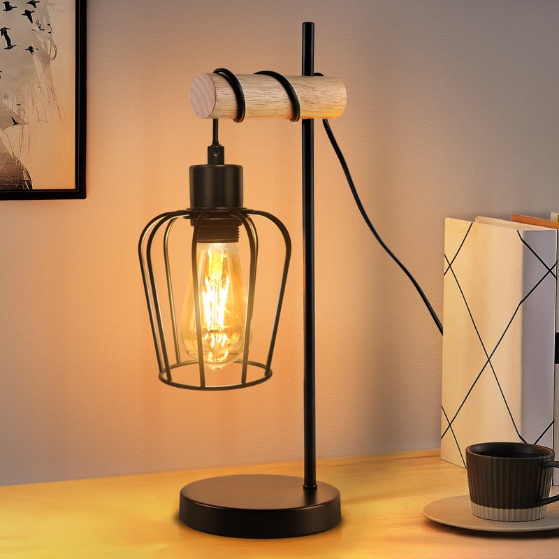 NETTLIFE lampa stołowa do salonu, vintage, drewniana lampa stołowa: czarna lampka nocna, 1 żarówka, industrialny design, z gniazdem E27, bez żarówki
