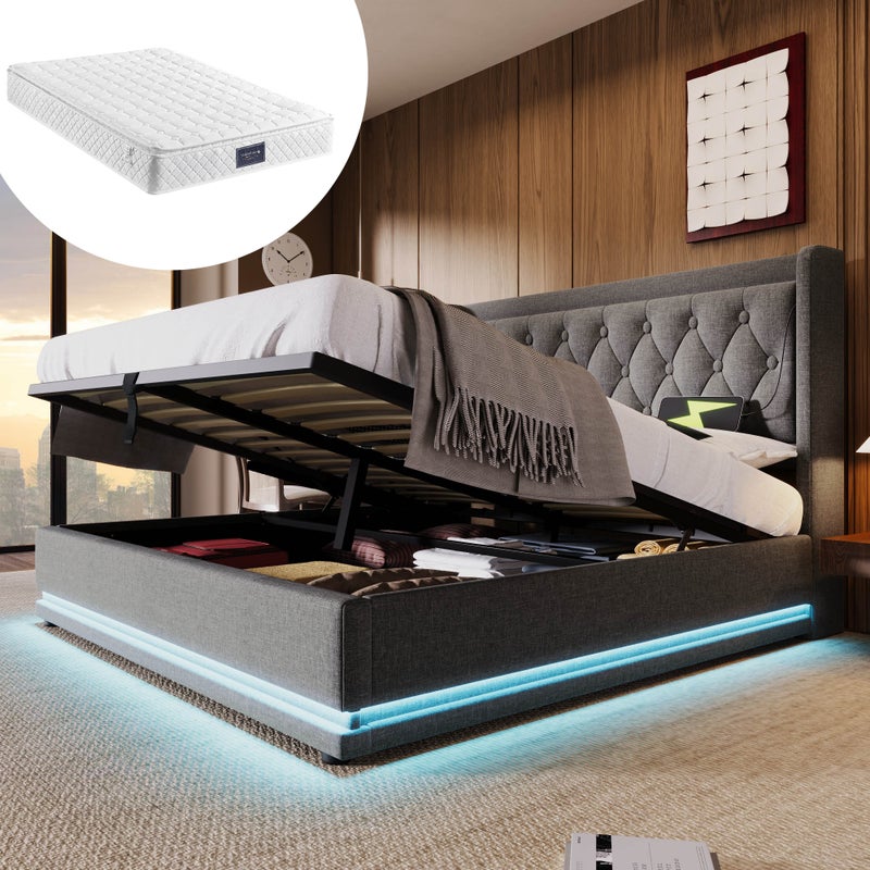 Łóżko podwójne 140x200 cm z materacem - Poduszka głęboka z USB-C - Materac 7 stref 620 spręzek - Hydrauliczne przechowywanie - LED po 3 stronach