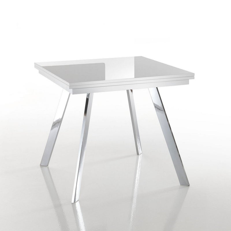 Stół w kształcie książki RIKY z błyszczącej białej płyty MDF i chromowanymi metalowymi nogami H75.5 W85/170 D85