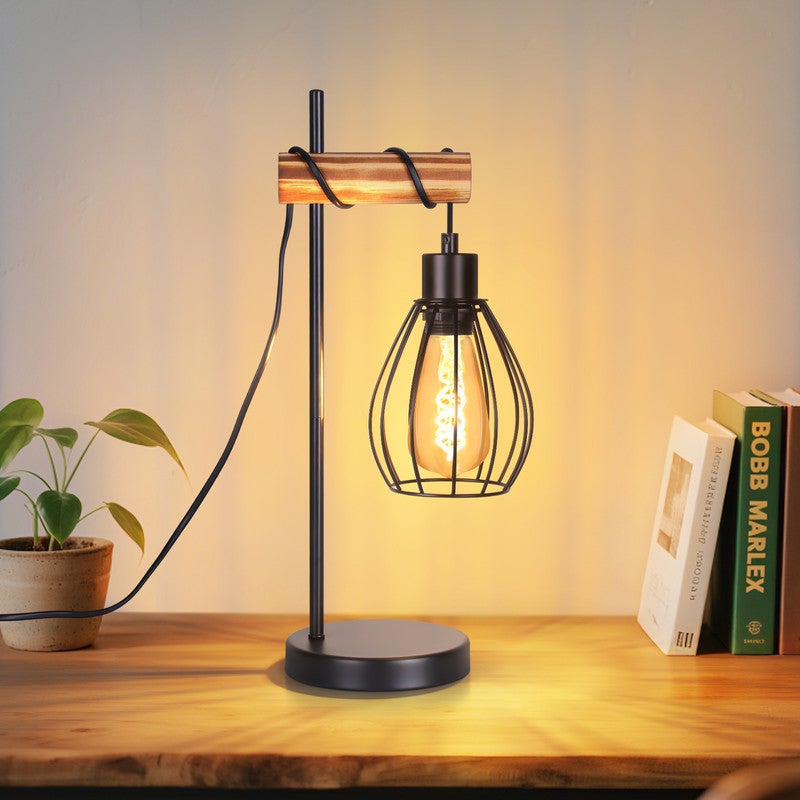 NETTLIFE Lampa stołowa do salonu, vintage, lampa stołowa, drewno: czarna, lampka nocna, 1 żarówka, industrialny design, metalowa, gniazdo E27