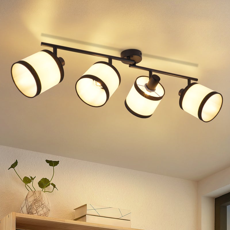 NETTLIFE 4-punktowa czarna lampa sufitowa – Reflektorowa LED E14 z tkaniny w stylu vintage, obrotowy o 350°, do sypialni, salonu, kuchni,(bez żarówki)