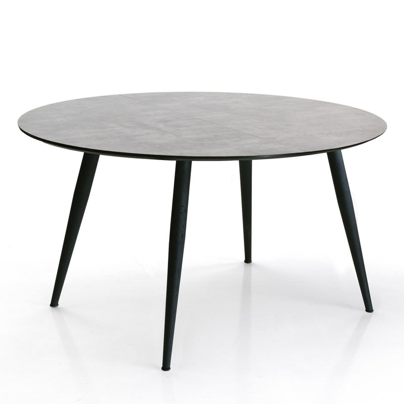 Stół rozkładany VALDI CEMENT z płyty MDF z wykończeniem w kolorze betonu i matowej czarnej stali, 110x110/150 cm