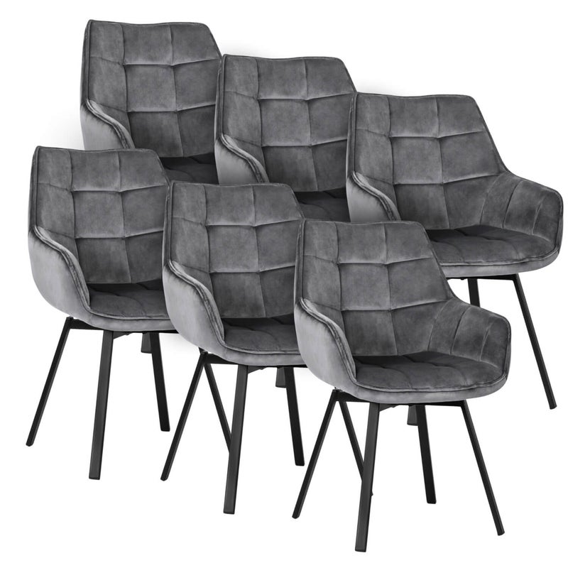 Zestaw 6x Krzesło Tapicerowane Obrotowe do Salonu LUNA Szare Welurowe